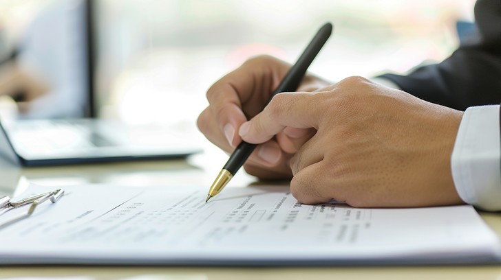 Company director signing business documents at a desk, completing a Companies House filing