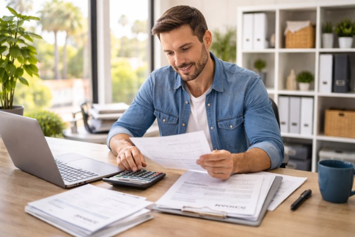 Small business owner reviewing an invoice with a calculator on his desk
